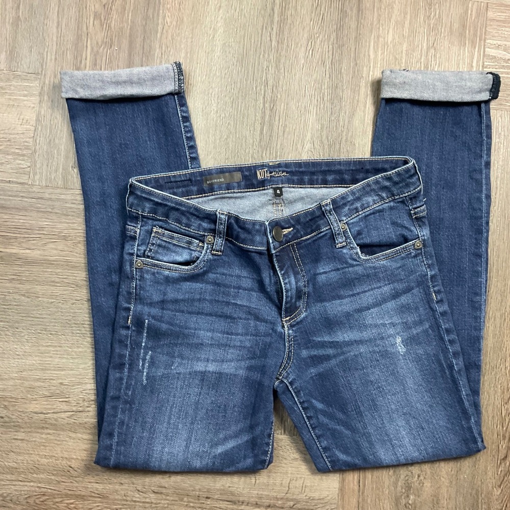 KUT from the Kloth Distressed Straight Boyfriend Jeans Women 4 Medium Wash Blue - Picture 3 of 10